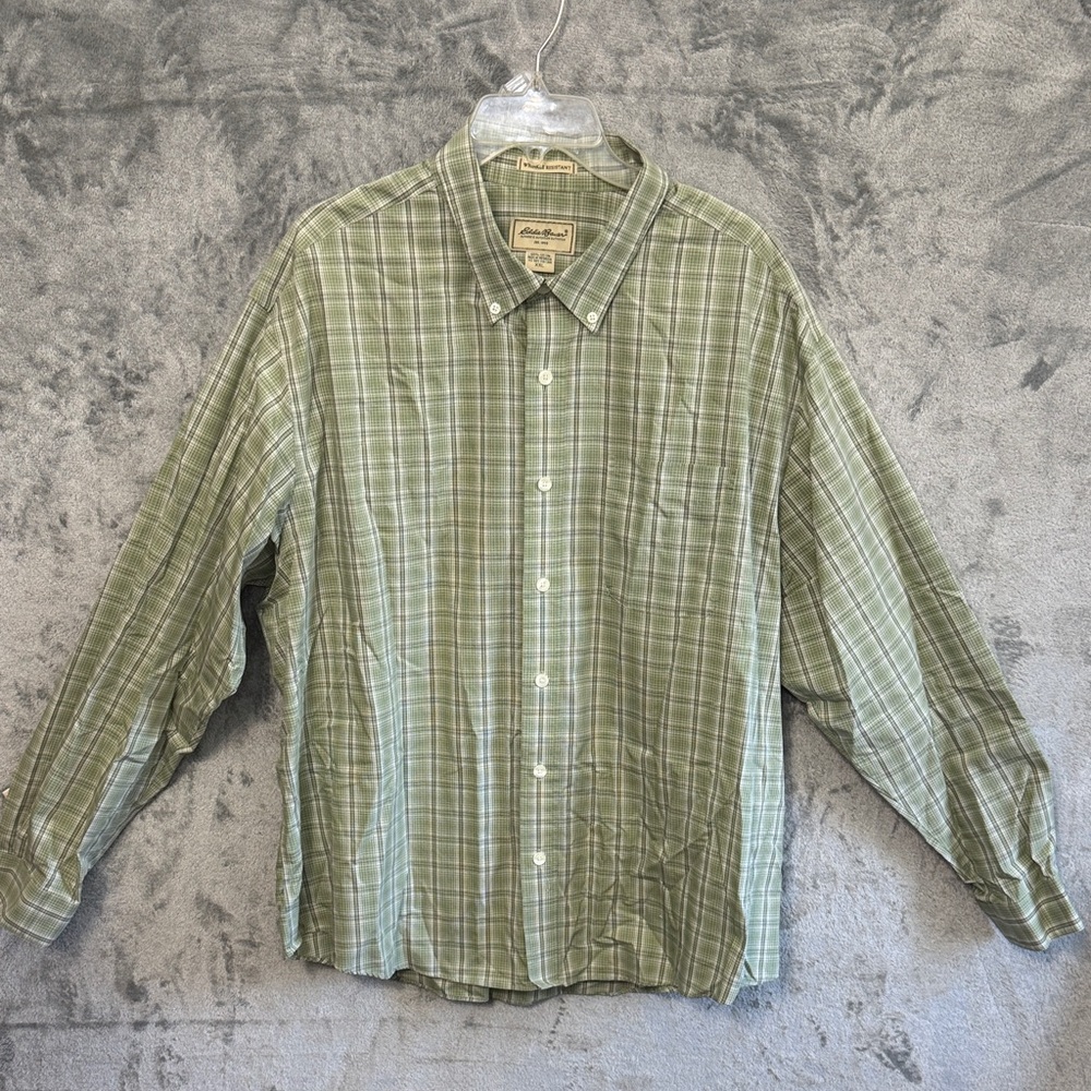 Eddie Bauer Men'Olive Green Plaid Button-Down Shirt 2XL cotton wrinkle resistant
